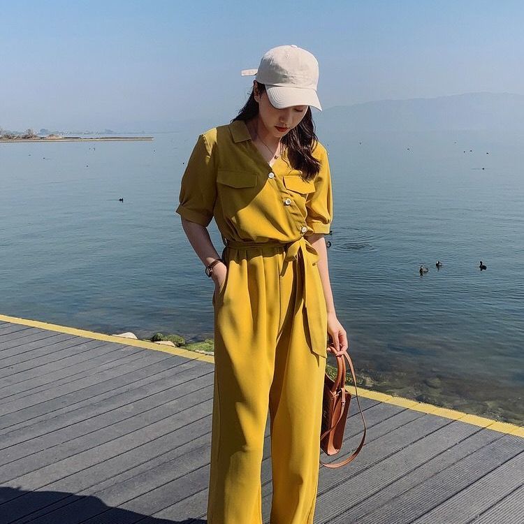 Jumpsuit Lưng Cao Ống Rộng Thời Trang Dành Cho Nữ