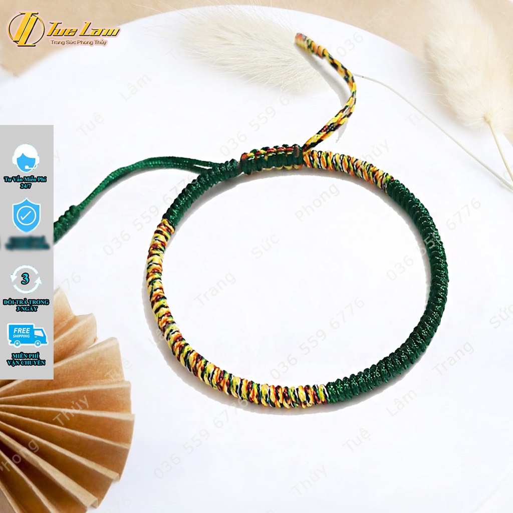 Vòng tay may mắn chỉ ngũ sắc tây tạng bện đối xứng chỉ xanh rêu hợp mệnh - Tuệ Lâm