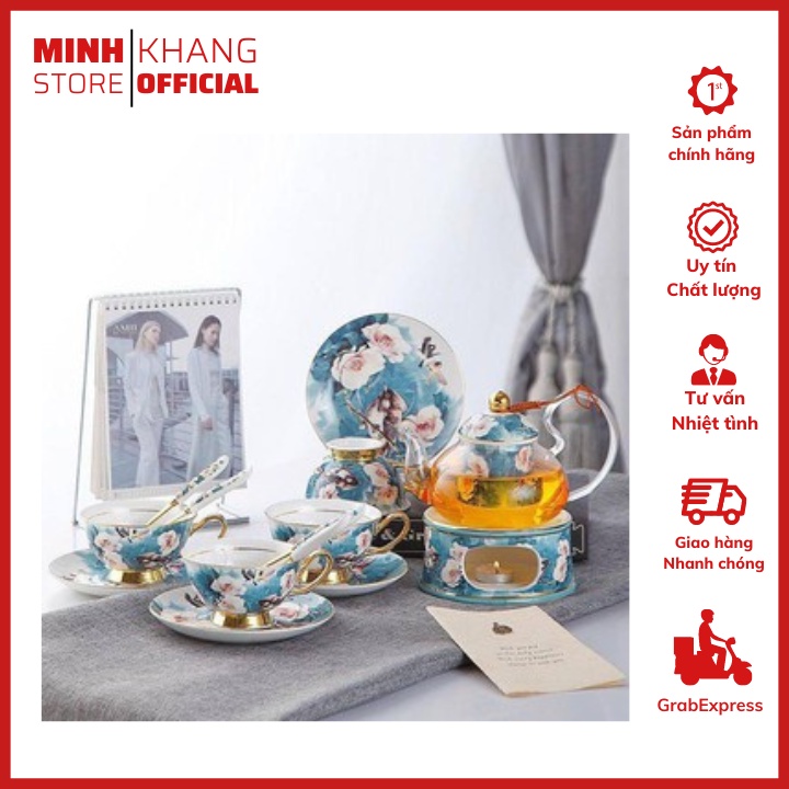 Bộ Ấm Chén Màu Xanh Họa Tiết Hoa Trắng Bếp Đun, Sang Trọng Cao Cấp Làm Quà Tặng Tân Gia.