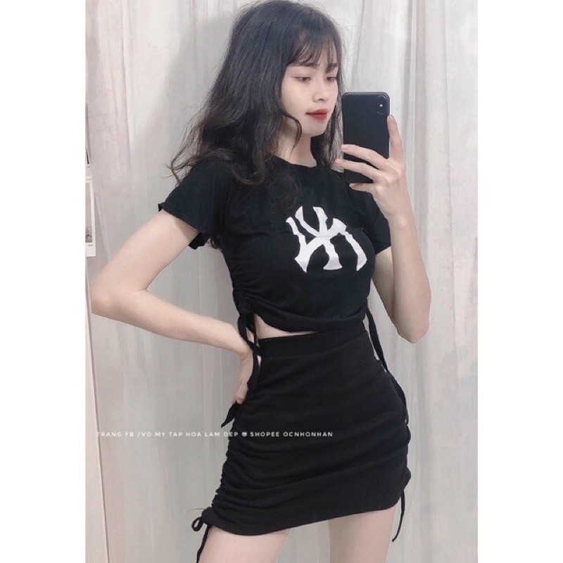 ÁO THUN RÚT DÂY CROPTOP IN CHỮ VẢI THUN LỤA