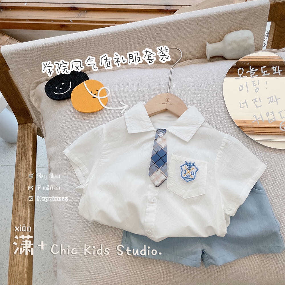 [Babycat] Hàng Có Sẵn Quần Short Áo Sơ Mi Ngắn Tay Phong Cách Hàn Quốc Nhật Bản Thời Trang Mùa Hè Cho Bé Trai