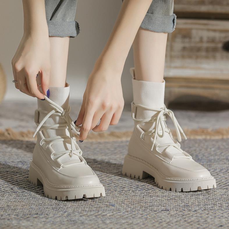 Giày bốt Martin cổ cao đế bằng mũi tròn cột dây thời trang cá tính cho nữ JSO