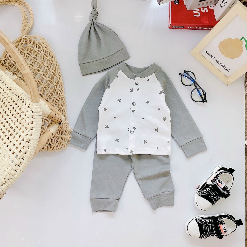 Bộ cotton len sơ sinh dài tay cho bé trai bé gái tặng lèm mũ 3-9kg