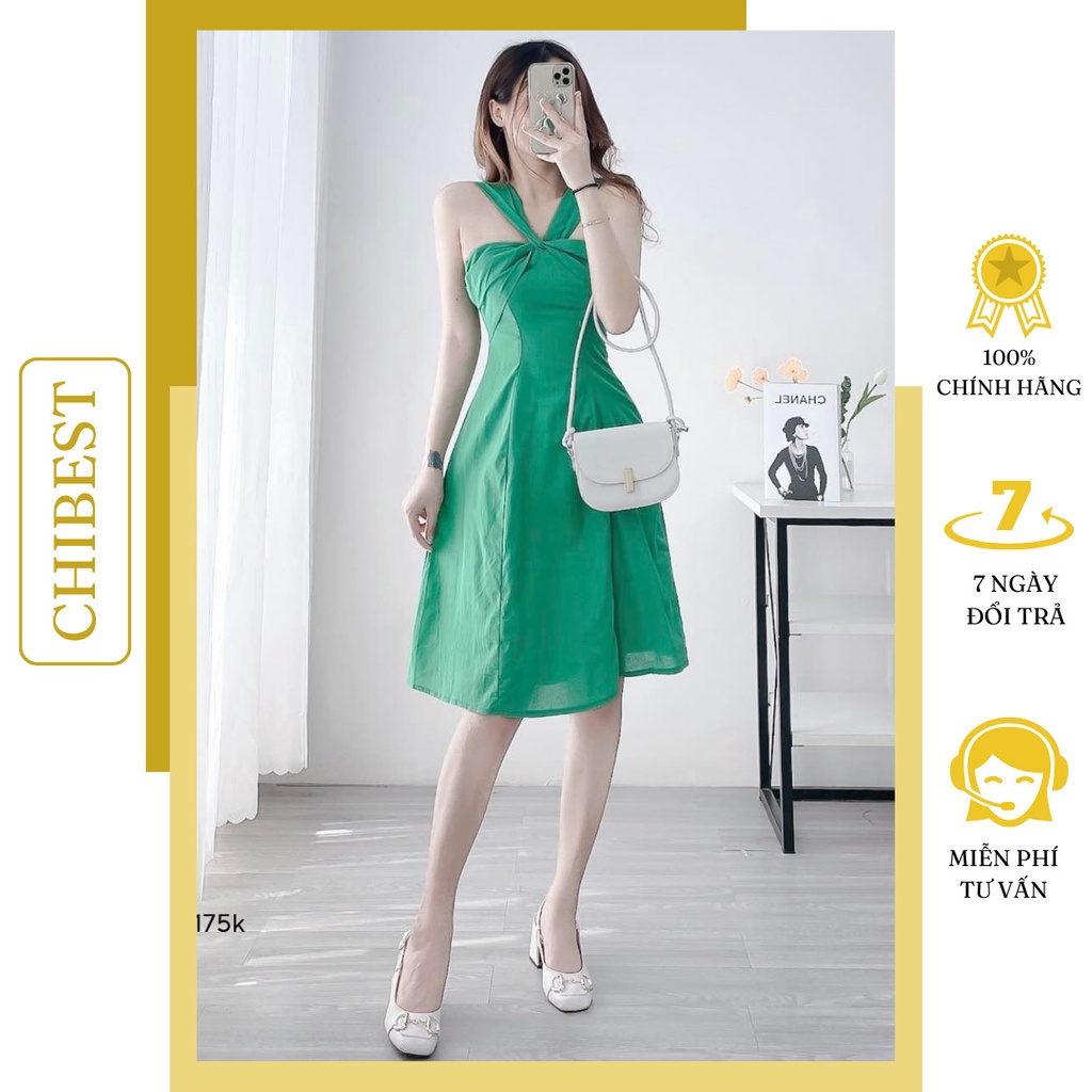 Đầm nữ dự tiệc sang trọng xoắn ngực dây bảng to Chất vải linen dáng xòe xinh xắn thời trang CHIBEST PDB52