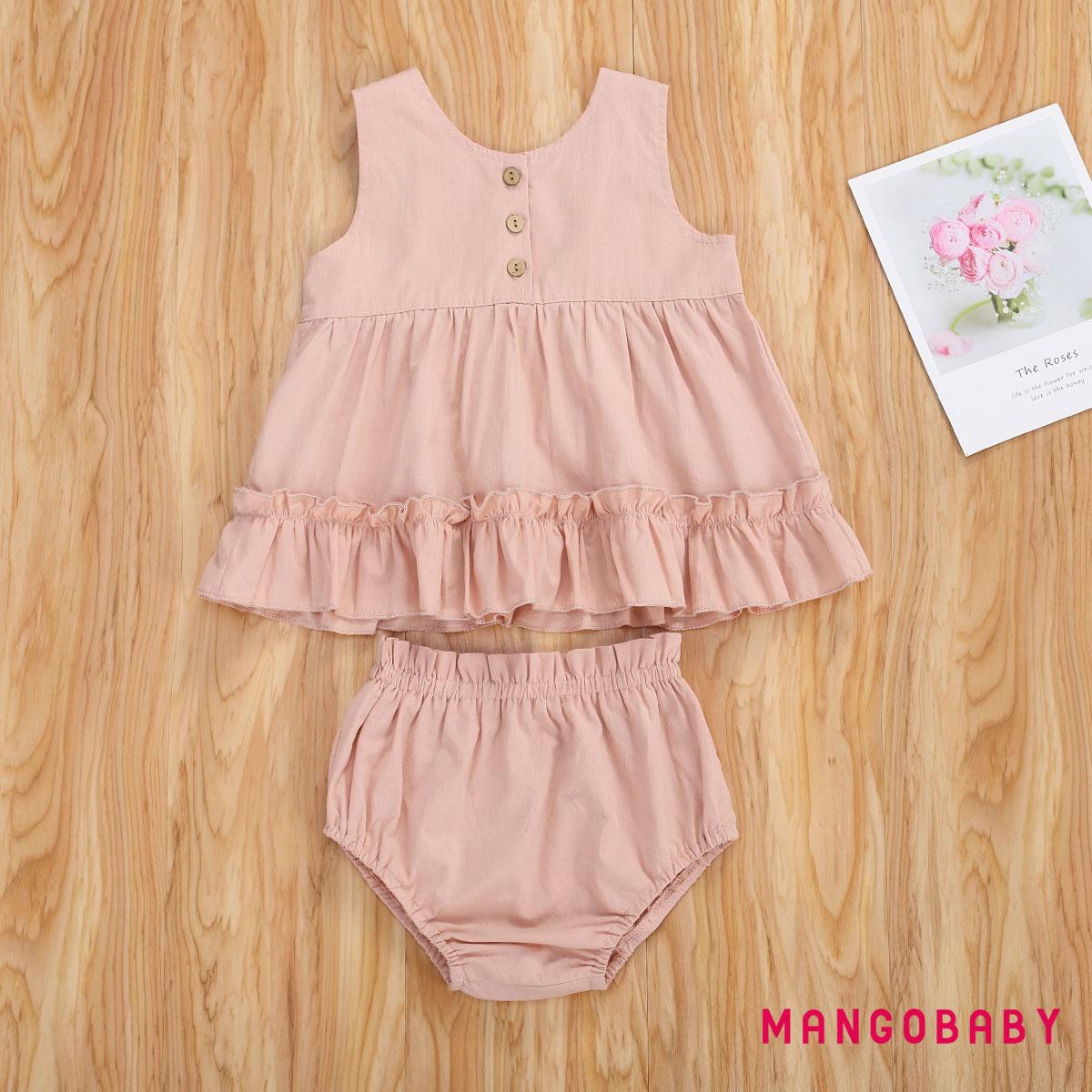 MG-Baby Girl’s Shirt High-Waist Shorts Suit, O-Neck Ruffle Hem Sleeveless Buttons Summer Clothes