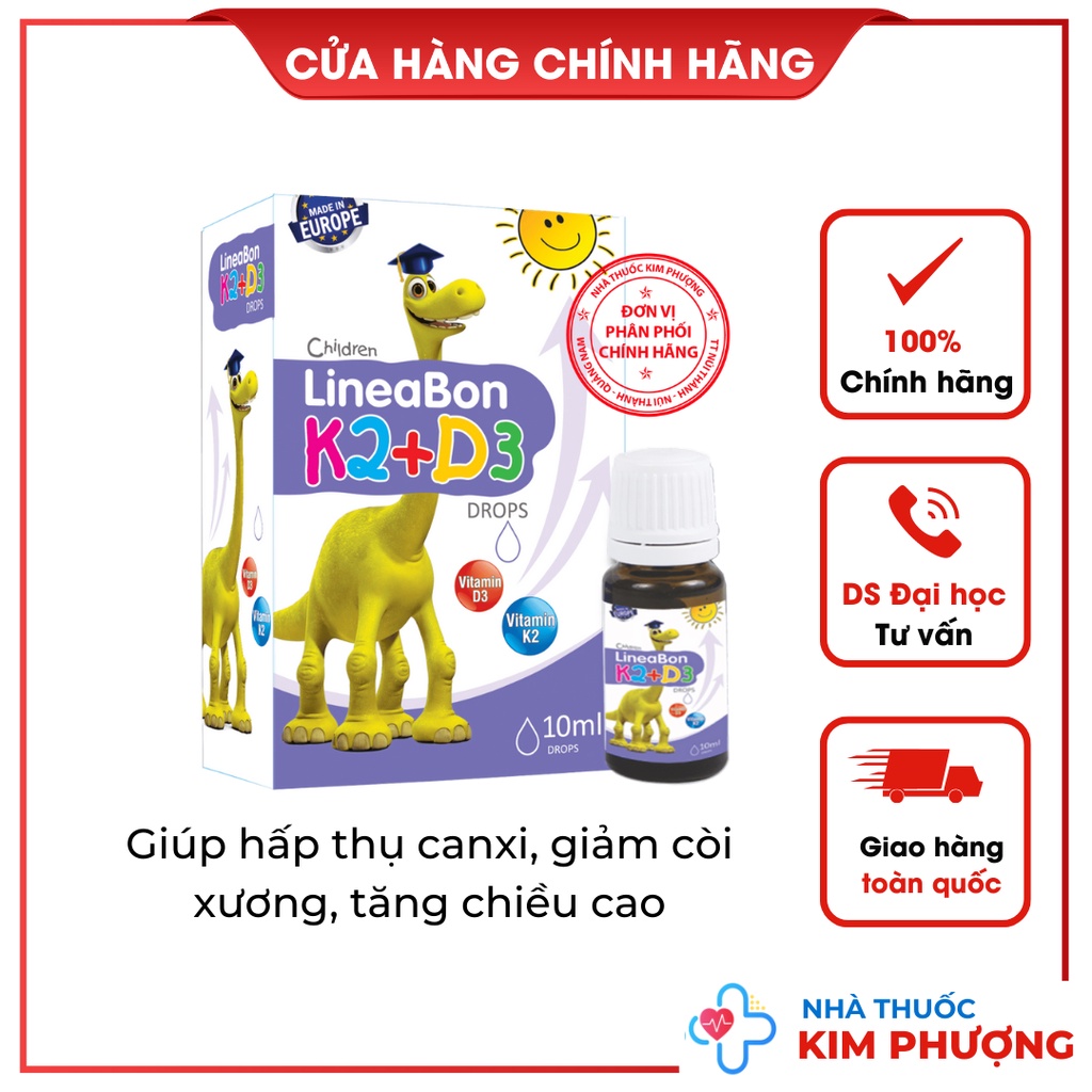 Lineabon d3 k2 Vitamin d3-k2 mk7 Vitamin d3 cho trẻ sơ sinh Canxi d3k2 Lọ 10ml