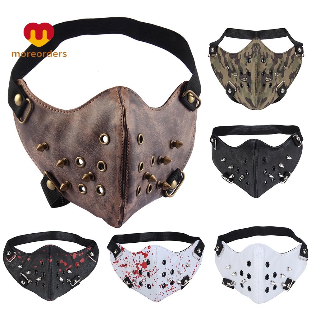 Khẩu trang bằng da giả đính đinh tán chống bụi phong cách punk phụ kiện hóa trang cho halloween