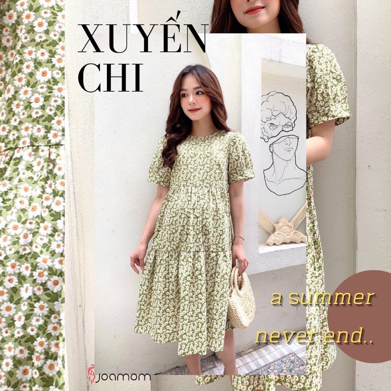 Váy Bầu Hạ Mát Xuyến Chi Chất Liệu Lụa Kaki Giấu Bụng