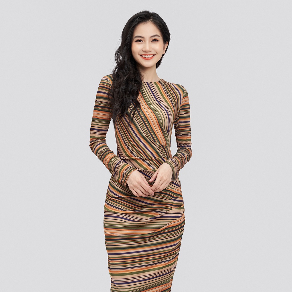 Đầm Body HECCI Cổ Tròn Nhiều Màu Tay Dài Phối Eo Nhún V122