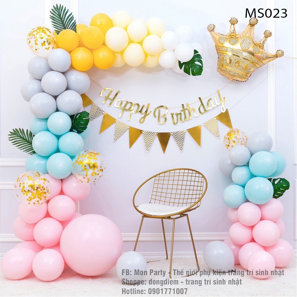 Set bóng trang trí sinh nhật y ảnh, bóng bay sinh nhật tone màu pastel tặng kèm nhiều phụ kiện