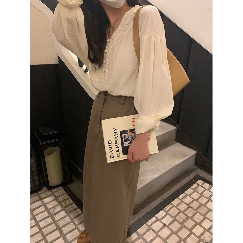 Áo Sơ Mi Tay Dài Cổ Chữ V Dáng Suông Thanh Lịch Hợp Thời Trang Phong Cách Hàn Quốc Cho Nữ