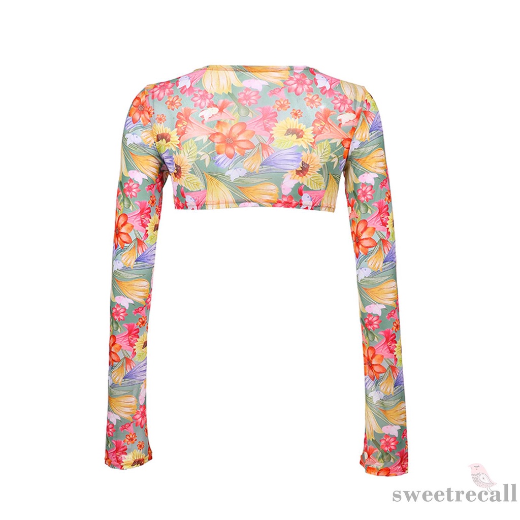 Bộ đồ 2 món áo croptop tay dài cổ chữ V buộc dây in họa tiết hoa + chân váy dây rút thời trang đi biển cho nữ | BigBuy360 - bigbuy360.vn