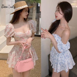 [MURIOKI] Đầm Chiffon Dáng Chữ A Mini Cổ Vuông Tay Phồng In Hoa Màu Pastel Kiểu Retro Hàn Quốc Thời Trang Mùa Hè Cho Bạn Gái