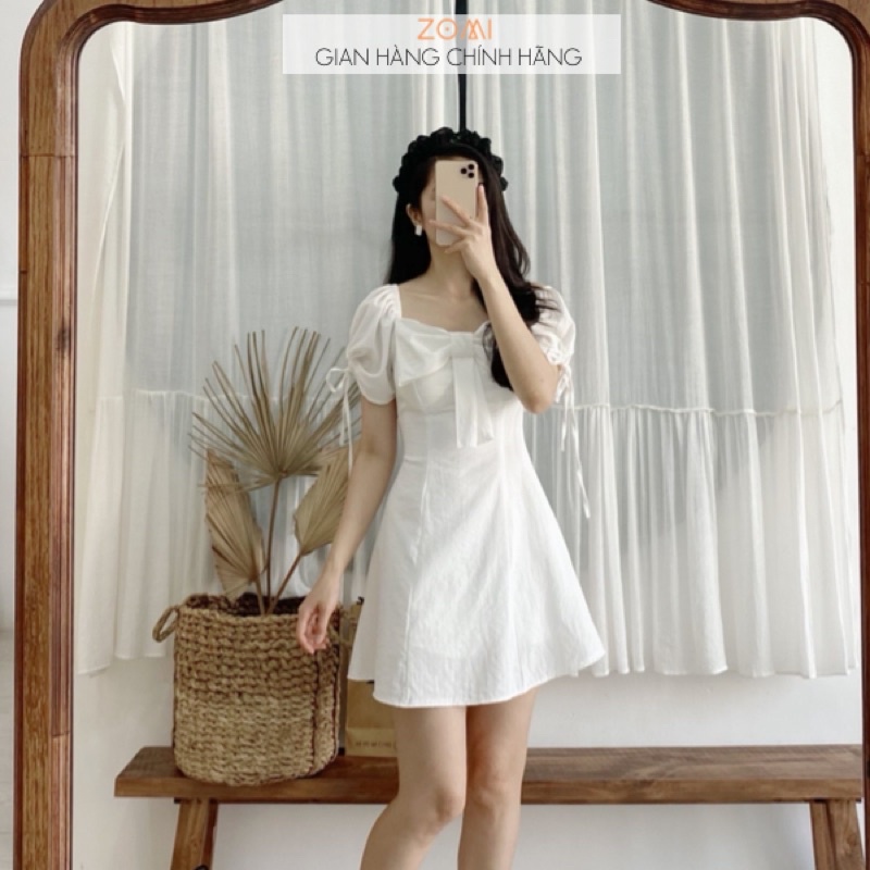 Đầm chữ A phong cách Hàn Quốc nơ trước thiết kế cao cấp nhiều màu đen đỏ trắng kem ZOMI I051