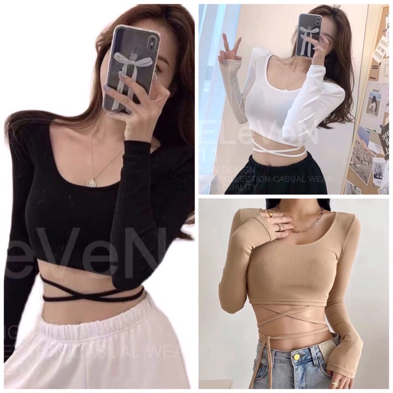 Áo kiểu croptop thun tay dài cổ U phối dây buộc bụng thời trang cá tính cho nũ