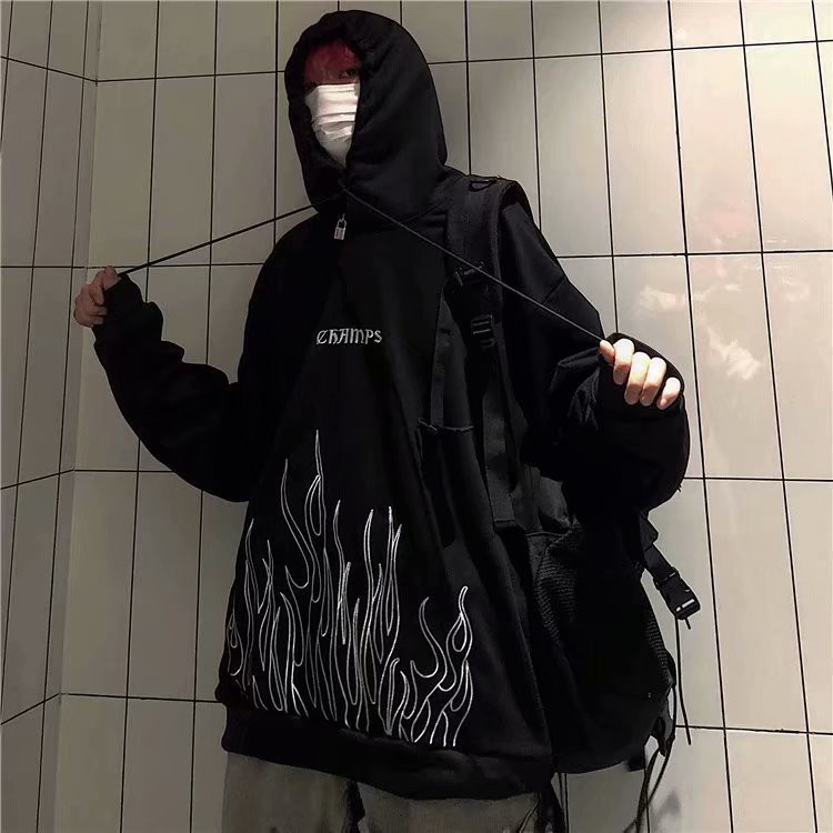 Áo hoodie nhung dáng rộng in hình ngọn lửa phong cách Harajuku Hàn Quốc cổ điển mùa thu đông ấm áp cỡ lớn M-5XL