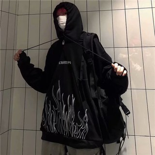 Áo hoodie nhung dáng rộng in hình ngọn lửa phong cách Harajuku Hàn Quốc cổ điển mùa thu đông ấm áp cỡ lớn M-5XL