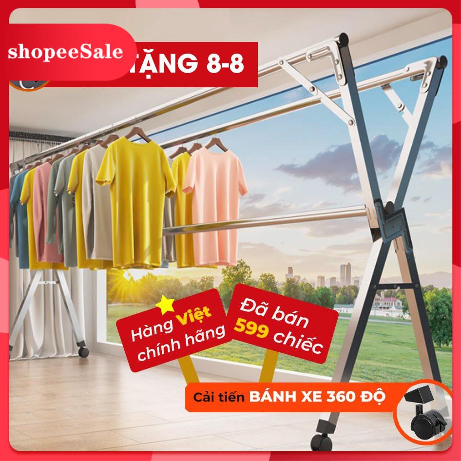 Giàn Phơi Quần Áo Thông Minh, Gấp gọn cây Inox bền 20 năm, giá sào phơi đồ có bánh xe tặng 22 móc treo