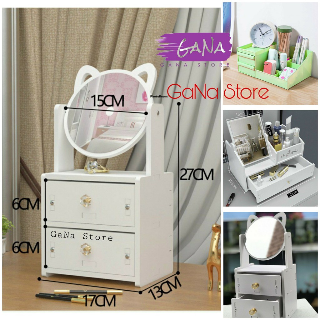 Bàn trang điểm mini có gương mèo,kệ nhựa đựng đồ đa năng