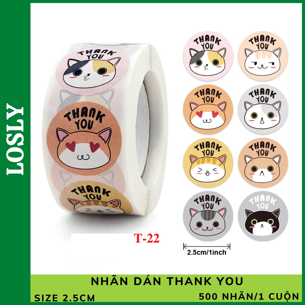 Cuộn 500 nhãn dán Thank you mèo T22 - Sticker tem nhãn dùng trang trí, tem niêm phong, decal
