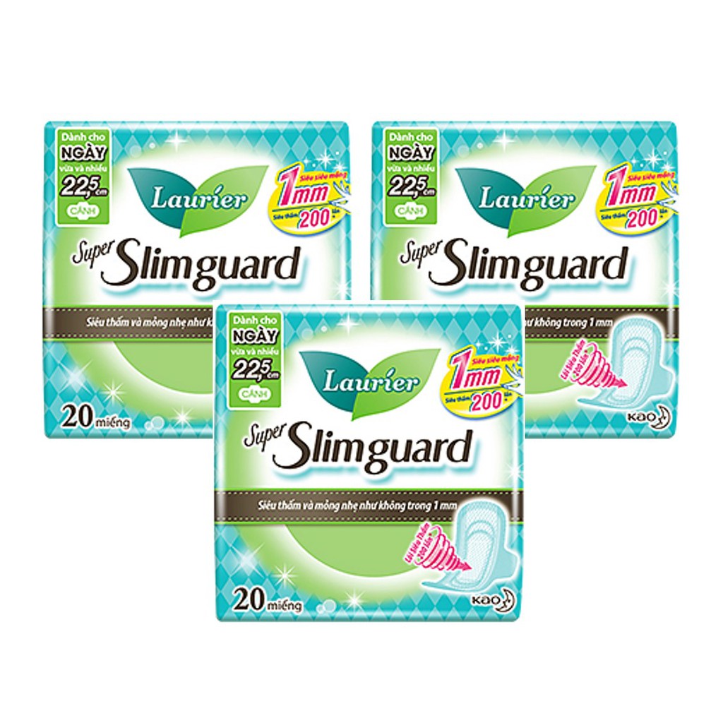 Combo 3 gói Băng Vệ Sinh Ban Ngày Laurier Super Slimguard Siêu Mỏng Cánh 1mm (22,5cm-20M)