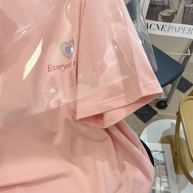 Áo thun Pure Cube tay ngắn dáng rộng in hình trái tim phong cách retro xinh xắn