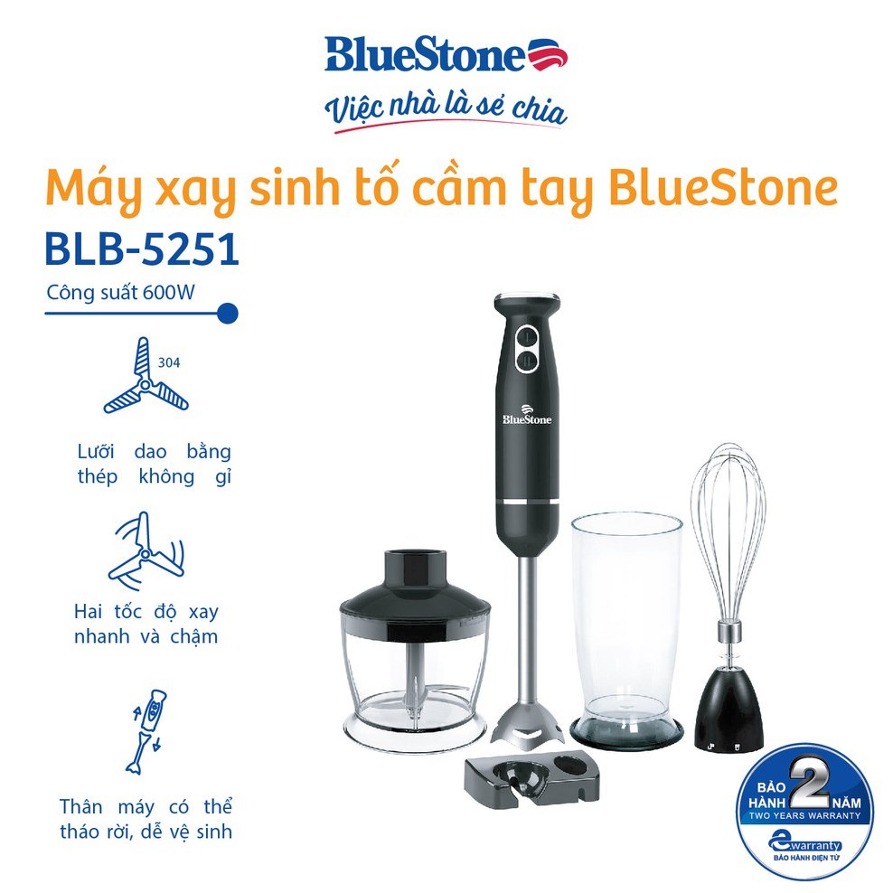 Máy Xay Sinh Tố Cầm Tay Đa Năng BlueStone BLB-5251, Xay sinh tố, cháo, thịt, đánh trứng, Công Suất 600W, Hàng Chính Hãng