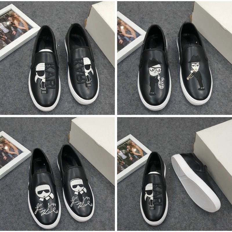 Giầy nam slip on có hoạ tiết thêu hình đế trắng, Giầy sục thời trang nam phong cách hàn quốc btshop từ 38 đến 42.
