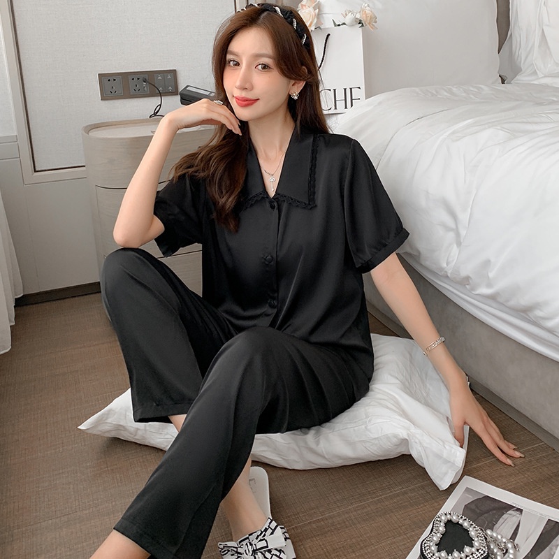 Bộ Đồ Ngủ Ngắn Tay Bằng Lụa Mát Thời Trang Mùa Hè Giản Dị