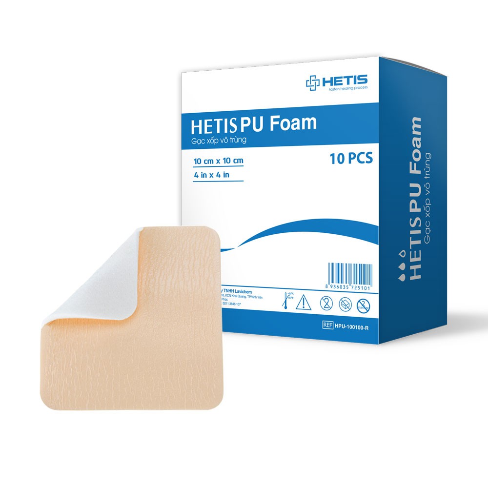 Hộp 10 miếng gạc xốp thấm hút dịch, bảo vệ vết thương HETIS PU Foam (Nhiều size)