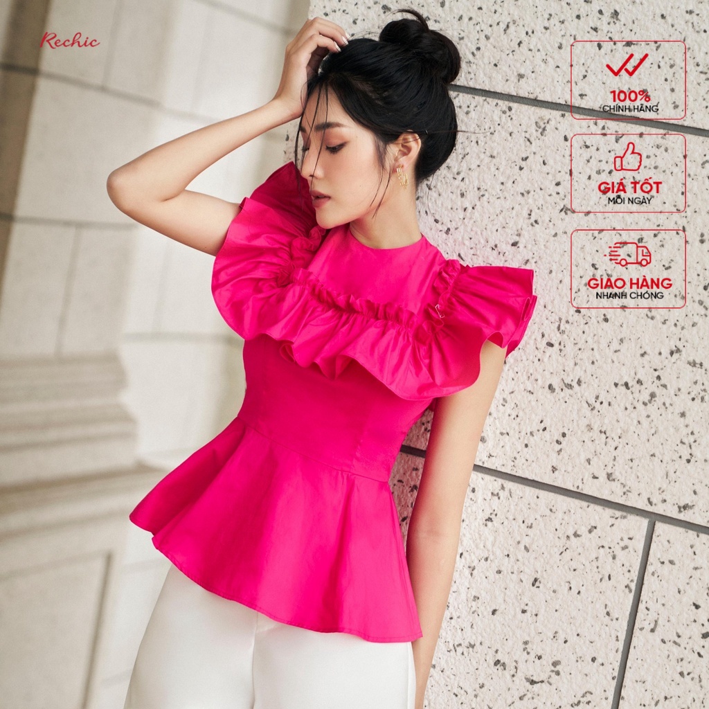 RECHIC Áo kiểu nữ Hebe cổ tròn viền bèo chiết eo xòe xinh xắn thanh lịch sang trọng đi làm đi tiệc