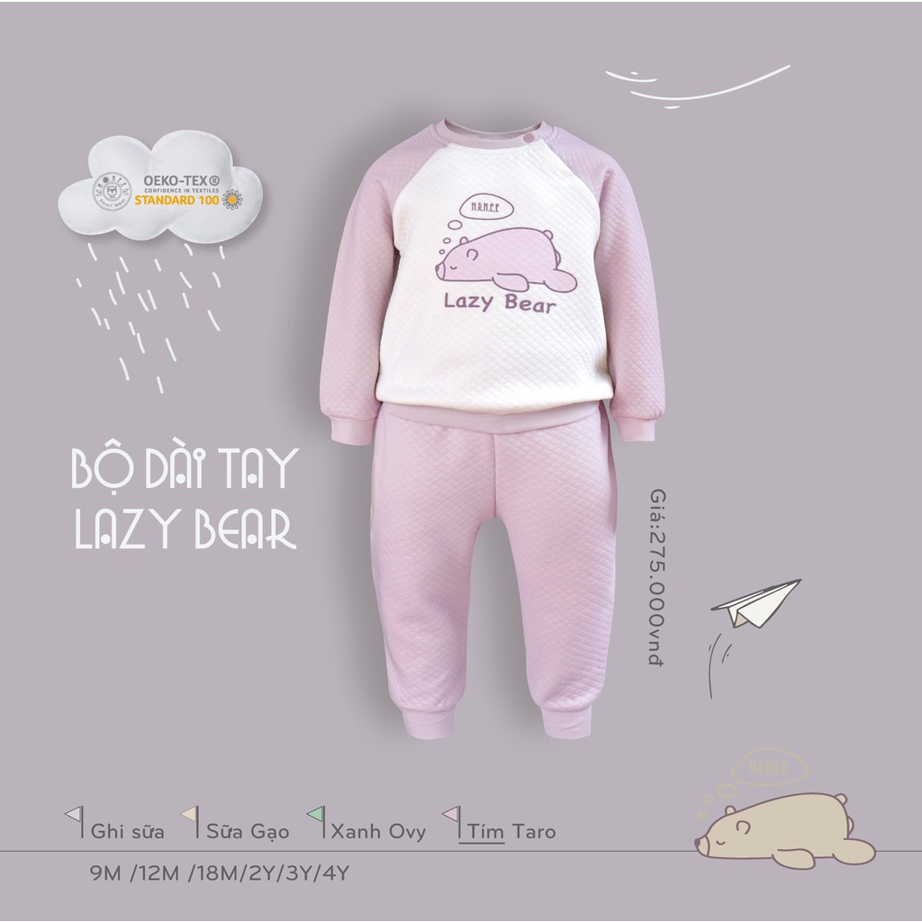 Bộ Thu Đông Lazy Bear Hrnee, Bộ Dài Tay Bé Trai Bé Gái Họa Tiết