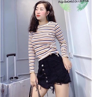 Áo len kẻ dài tay rút eo xinh xắn