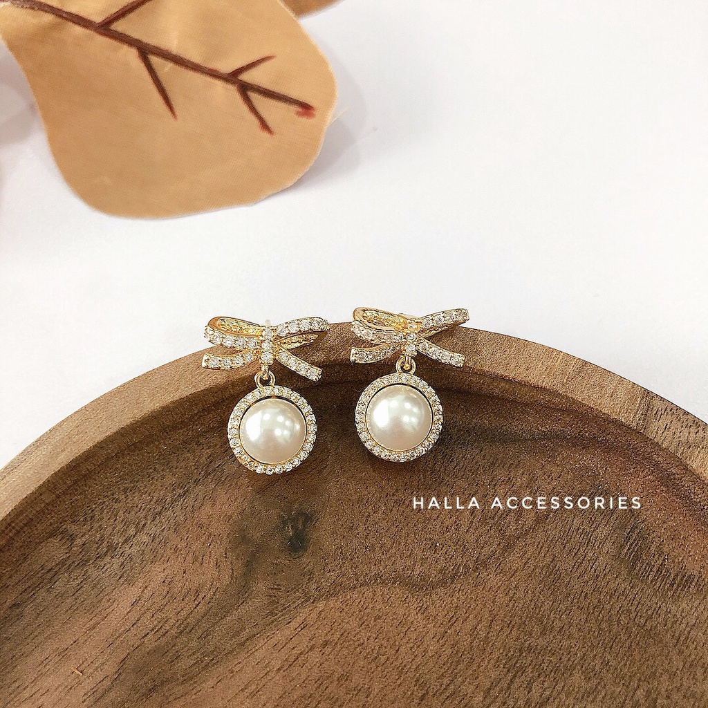 Khuyên tai bạc S925 Hình Nơ đính hạt trai cao cấp HALLA BT130