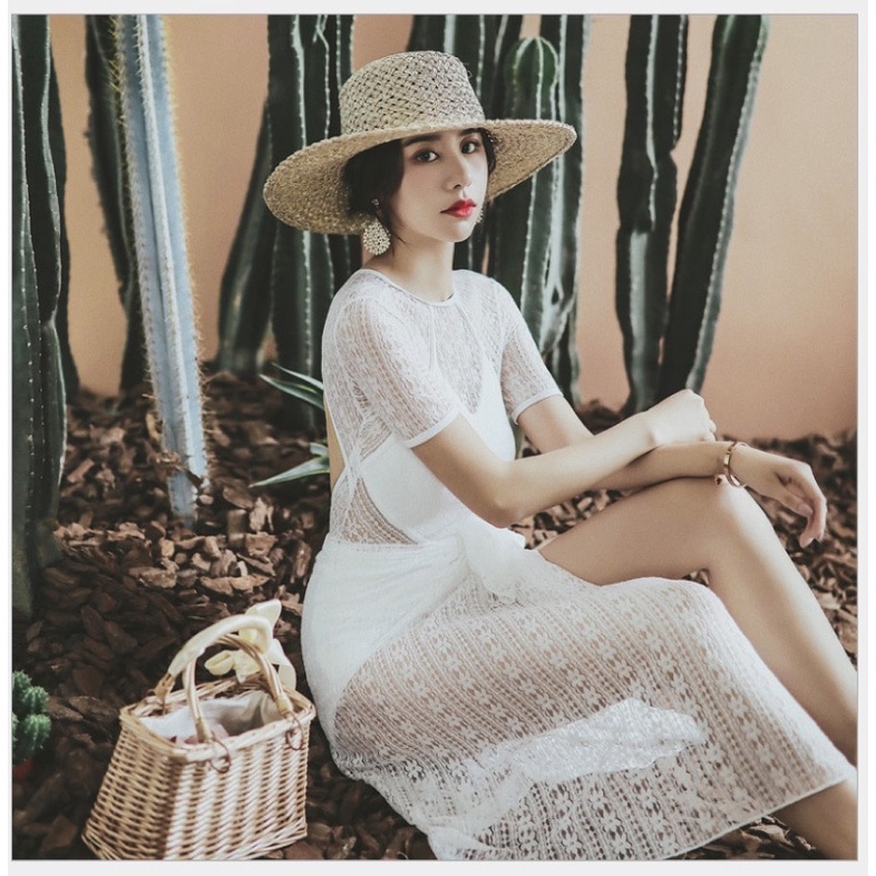 Đồ bơi nữ một mảnh hoạ tiết ren kèm khăn cuốn, áo tắm nữ liền thân với 2 màu đen và trắng, size 40-70kg