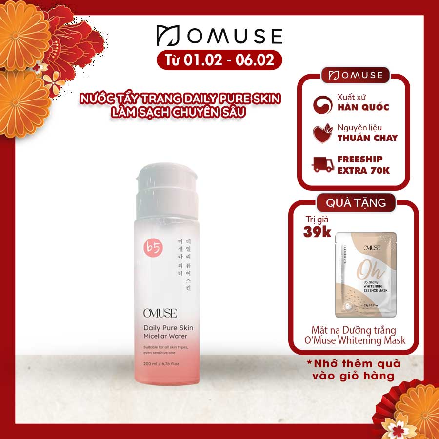 Nước tẩy trang OMUSE - Daily Pure Skin Micellar Water 200ml dạng nắp nhấn, phù hợp mọi loại da