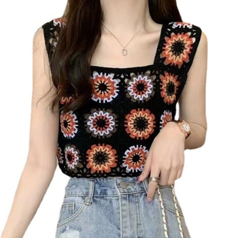 Áo Croptop Dệt Kim Không Tay Họa Tiết Hình Học Cá Tính Cho Nữ