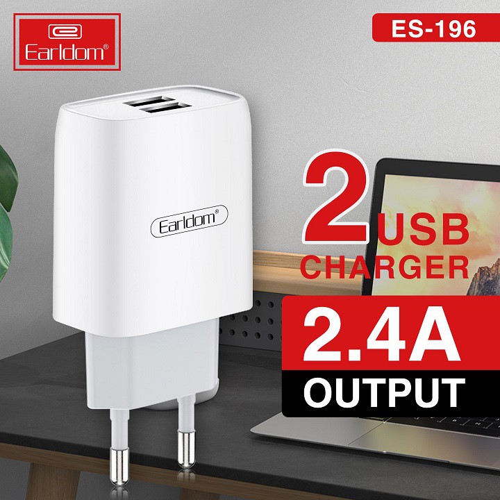 Bộ Sạc 2 cổng Earldom ES-196 - Fast Charge 2.4A Kèm dây cáp chuẩn sạc nhanh Cáp MicroUSB - Cáp Type C