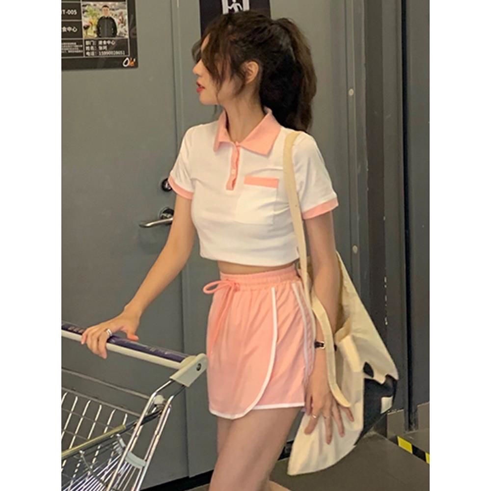 Jiashucheng Hàng Có Sẵn Set Áo Thun polo Ngắn Tay Và Chân Váy Ngắn Phong Cách Preppy Hàn Quốc Thời Trang Mùa Hè Mới Cho Nữ