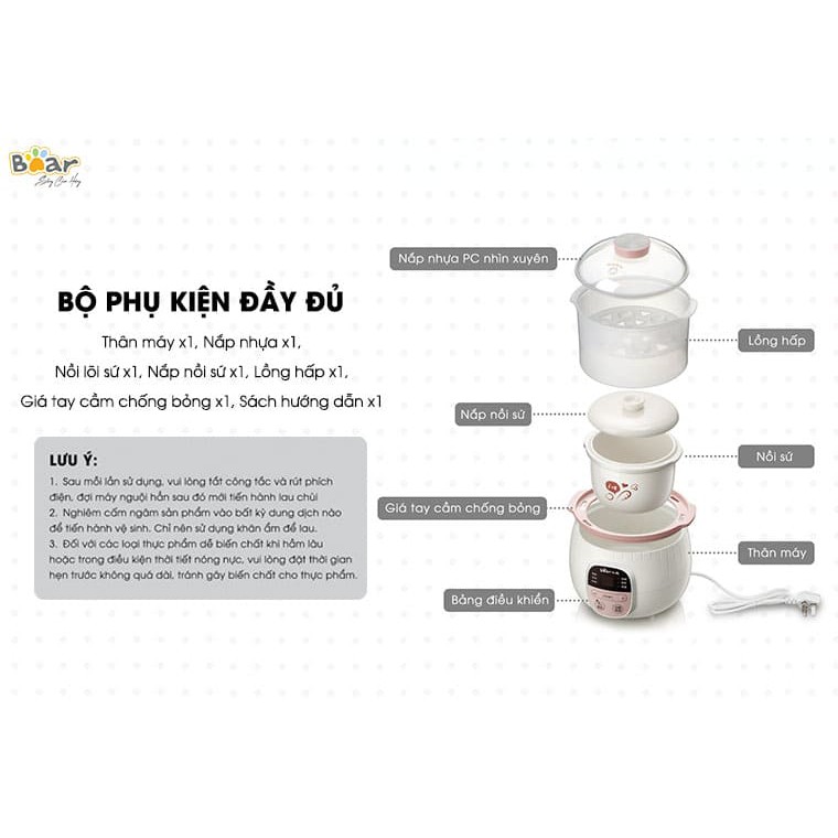 Nồi nấu Cháo, Ninh, Hầm, Hấp cách thủy Bear 0.8L - BẢN QUỐC TẾ BH 1 NĂM