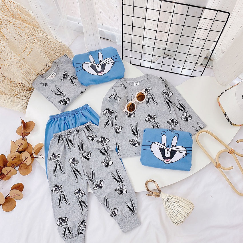 Bộ Quần Áo Dài Tay Thu Đông In Hình THỎ GHI Cho Bé Từ 6-18kg Mã DT33