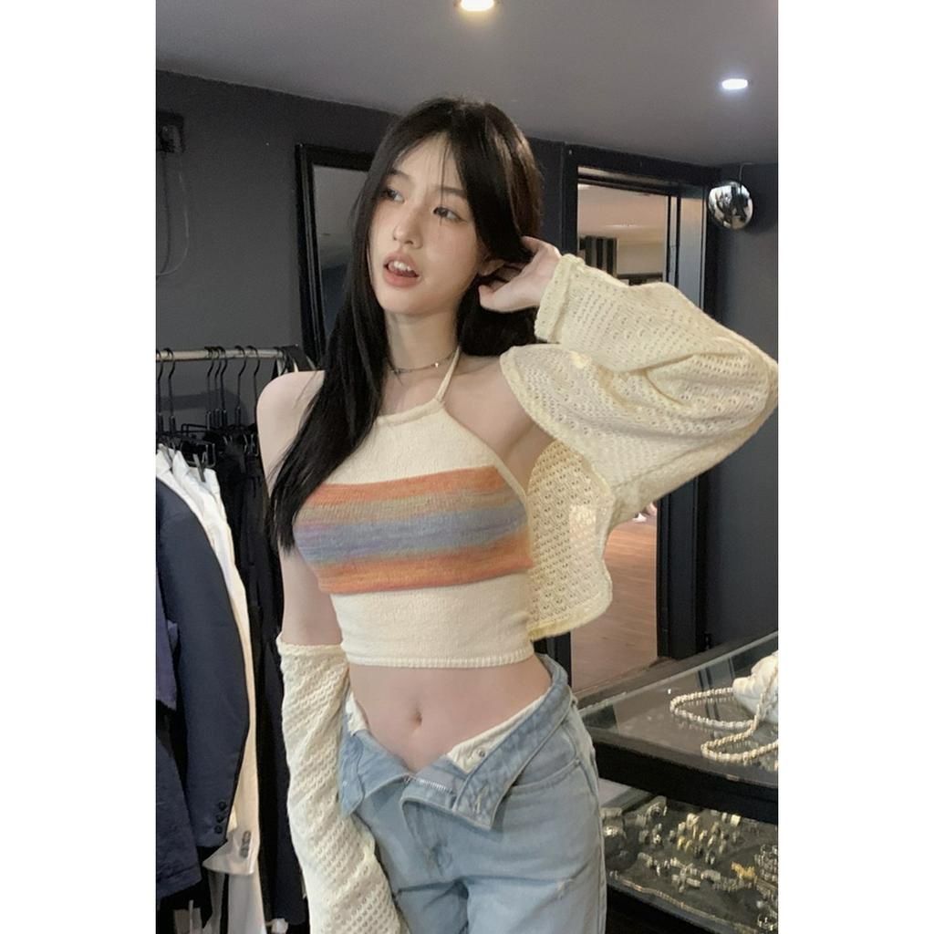 QKOOLE Áo Croptop Dệt Kim Hai Dây Dáng Ôm Họa Tiết Kẻ Sọc Nhiều Màu Thời Trang Mùa Hè Quyến Rũ