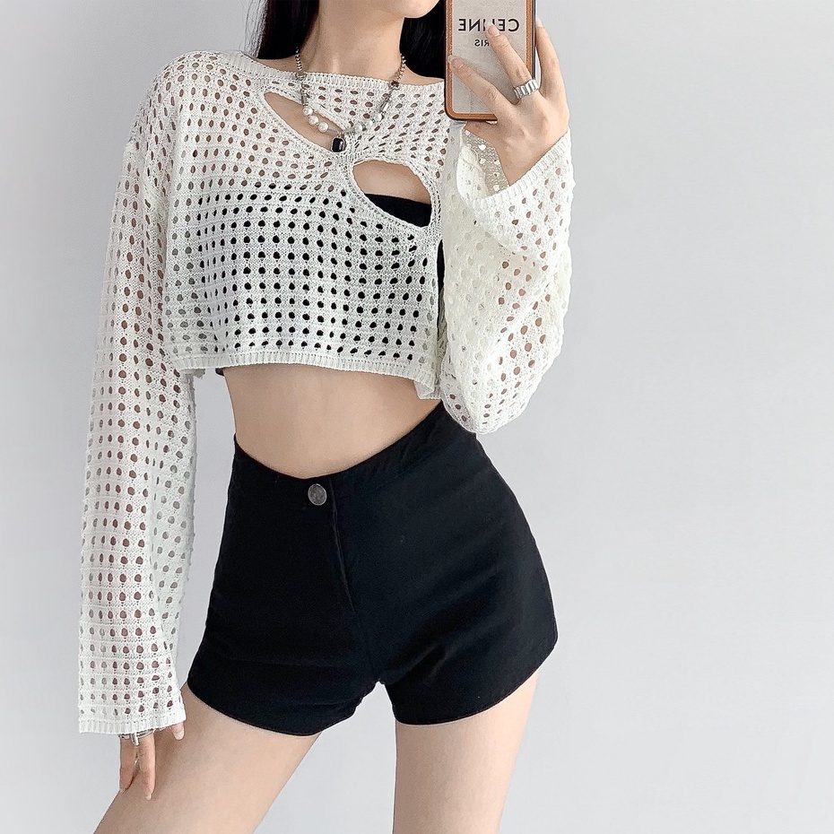 Áo Croptop Trễ Vai Tay Dài Dáng Rộng Thiết Kế Sang Trọng