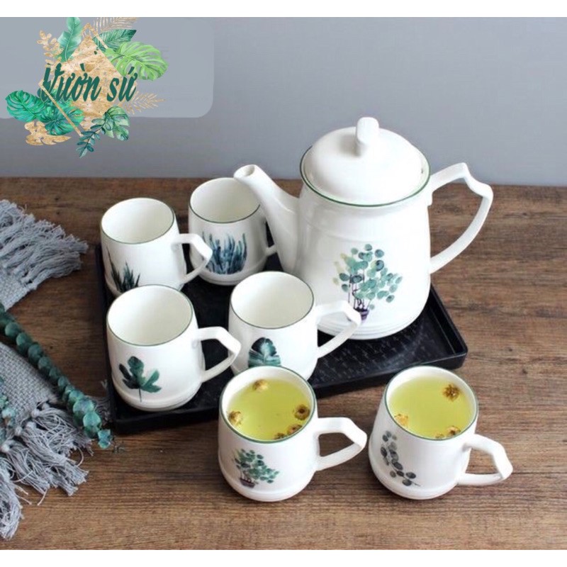 Bộ bình trà sứ cao cấp 7 món hoa văn lá xanh - VS42