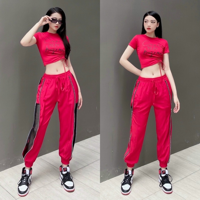 Bộ Jogger Sunny cho nữ tập Gym, Zumba, Aerobic gồm quần Jogger khóa lưới và áo Croptop Sunny cao cấp