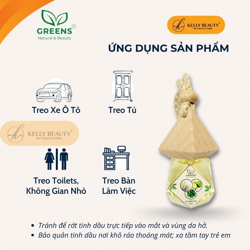 Tinh Dầu Treo Ô Tô, Tủ GREENS - Thơm Tho, Khử Mùi, Kháng Khuẩn, Đuổi Côn Trùng, Thư Giãn | Kelly Beauty