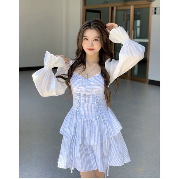 ĐẦM SỌC XANH ĐAN EO PHỐI TAY TRẮNG