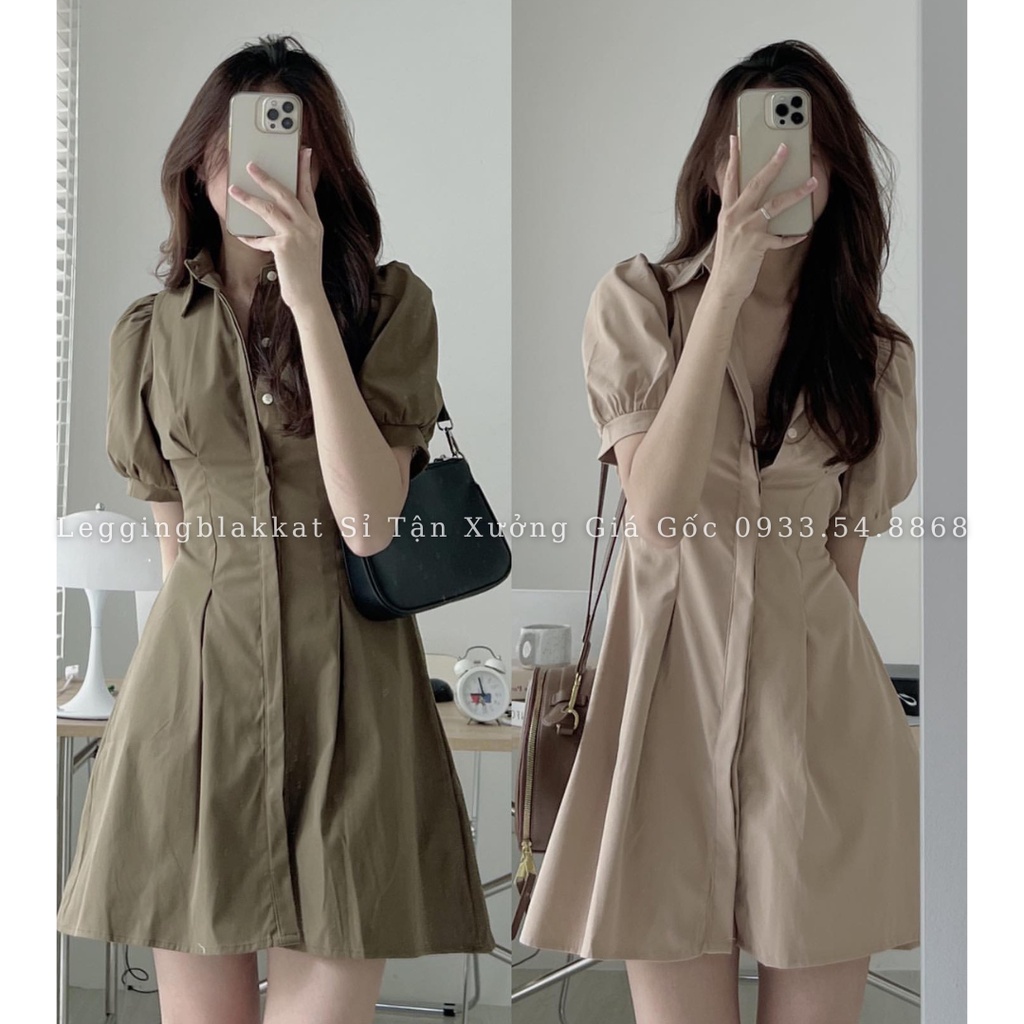 Đầm váy sơ mi cổ đức dấu khuy tay bồng hàng thiết kế siêu đẹp đầm váy sơ mi 5918