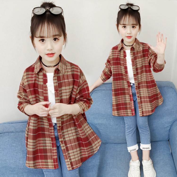 Áo Sơ Mi Tay Dài Kẻ Sọc Caro Thời Trang Xuân Thu Cho Bé Gái