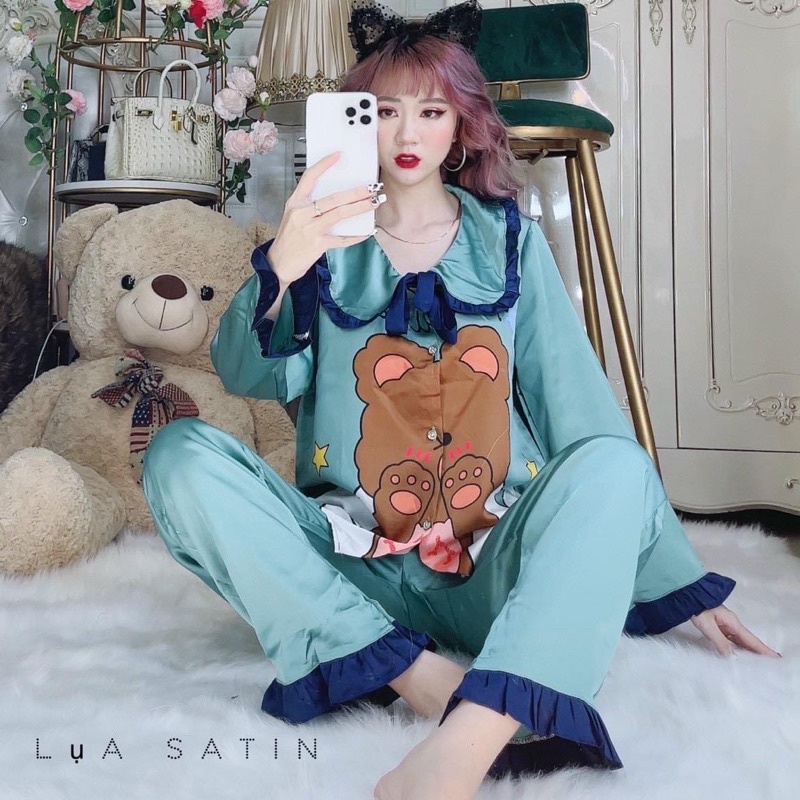 SỈ=LẺ Đồ bộ mặc nhà Pijama Lụa Satin dưới 62kg tay dài quần dài Tiểu Thư dễ thương